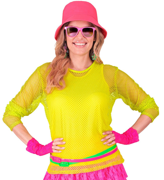 Neon gelbes Netzshirt mit langen Ärmeln und durchbrochenem Muster für 80er-Party-Stil.