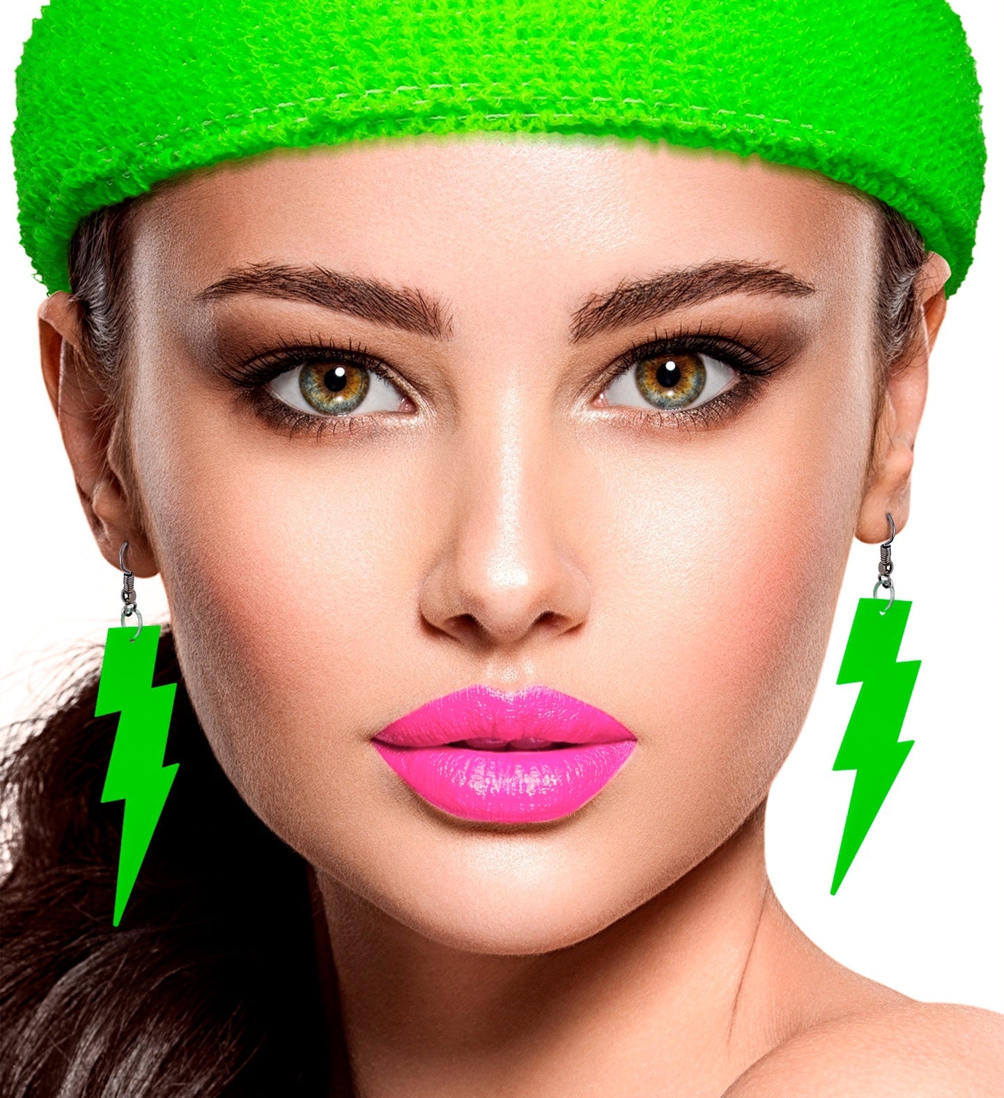 Neon grüne 80er Jahre Blitz-Ohrringe aus Kunststoff mit Clip-Verschluss, Retro-Design