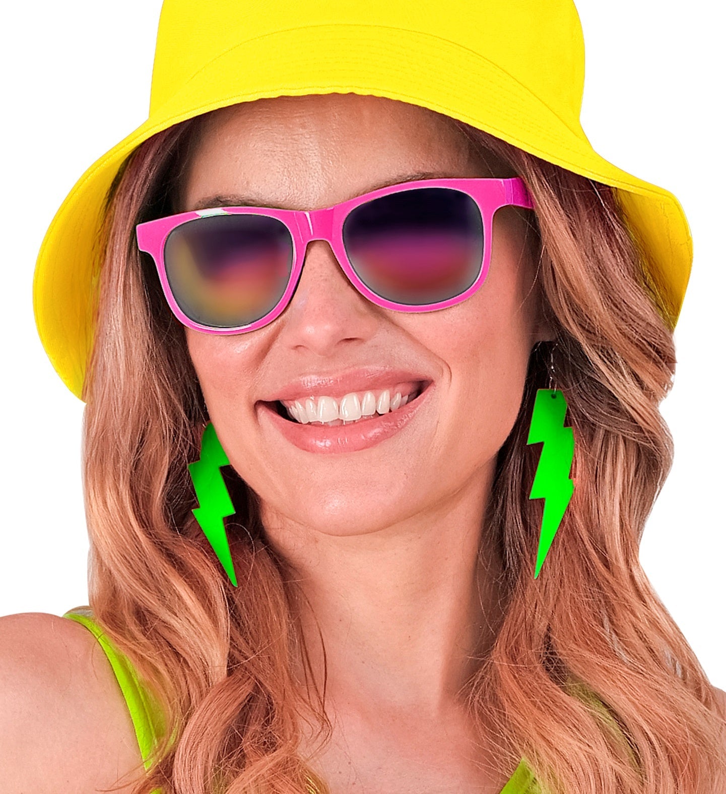 Neon grüne 80er Jahre Blitz-Ohrringe aus Kunststoff mit Clip-Verschluss.