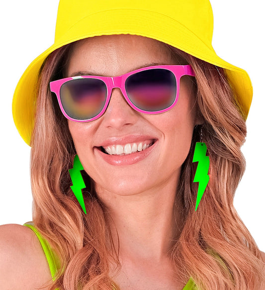Neon grüne 80er Jahre Blitz-Ohrringe aus Kunststoff mit Clip-Verschluss.