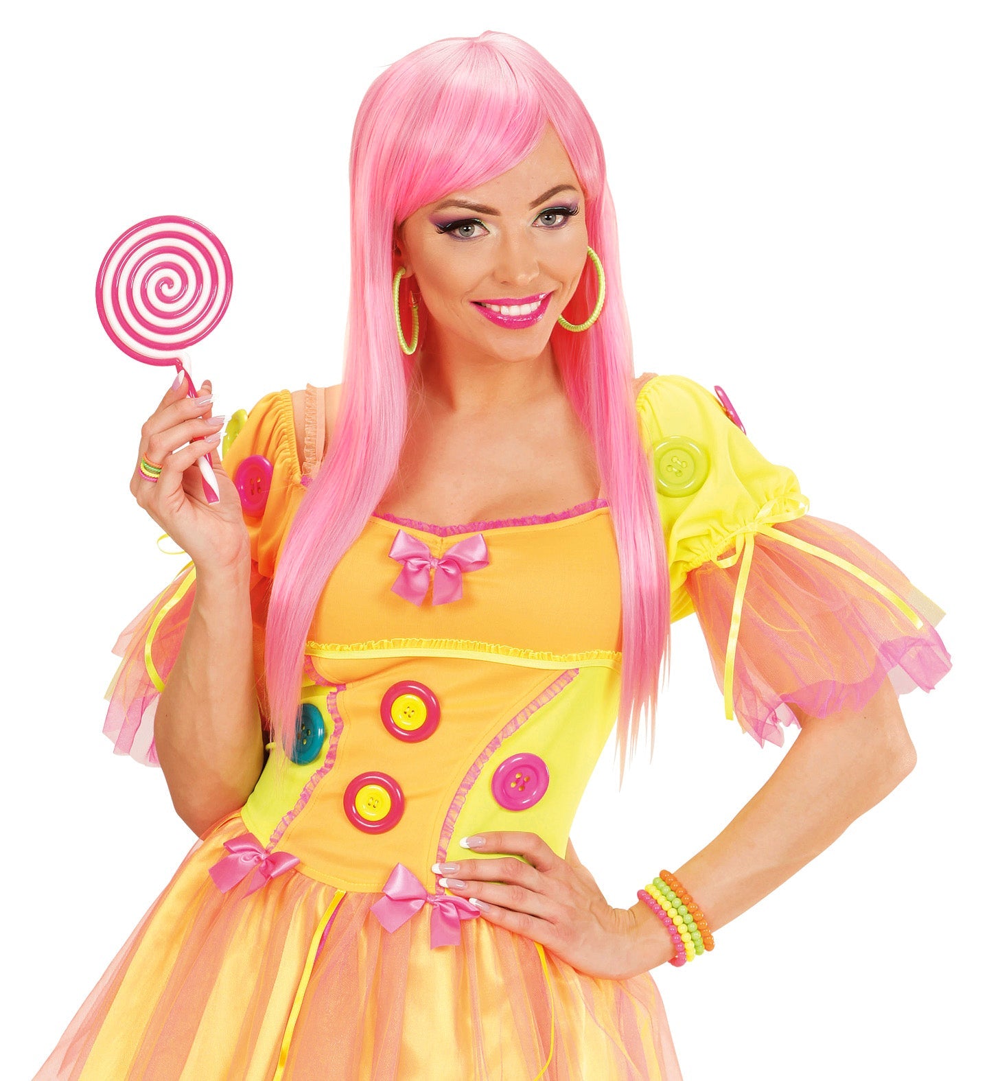 Woman modeling neon green hoop earrings with a playful smile.