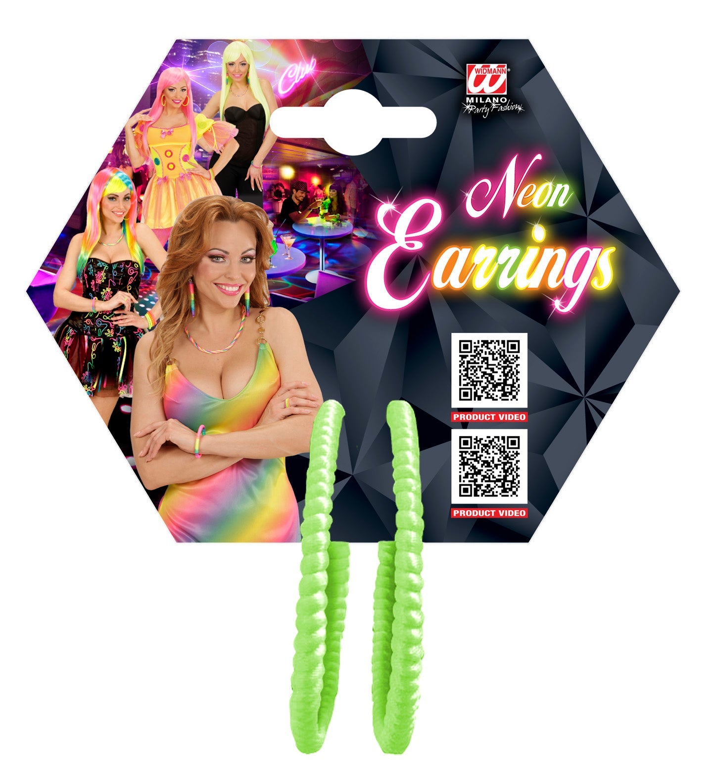 Leichte neon-grüne Creolen-Ohrringe aus Kunststoff auf schwarzer Verpackung.