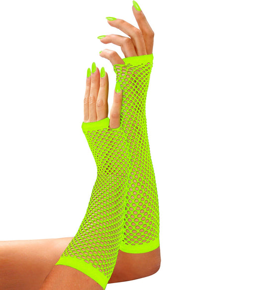 Neon grüne, fingerlose Netz-Handschuhe aus dehnbarem Material, 33 cm lang.