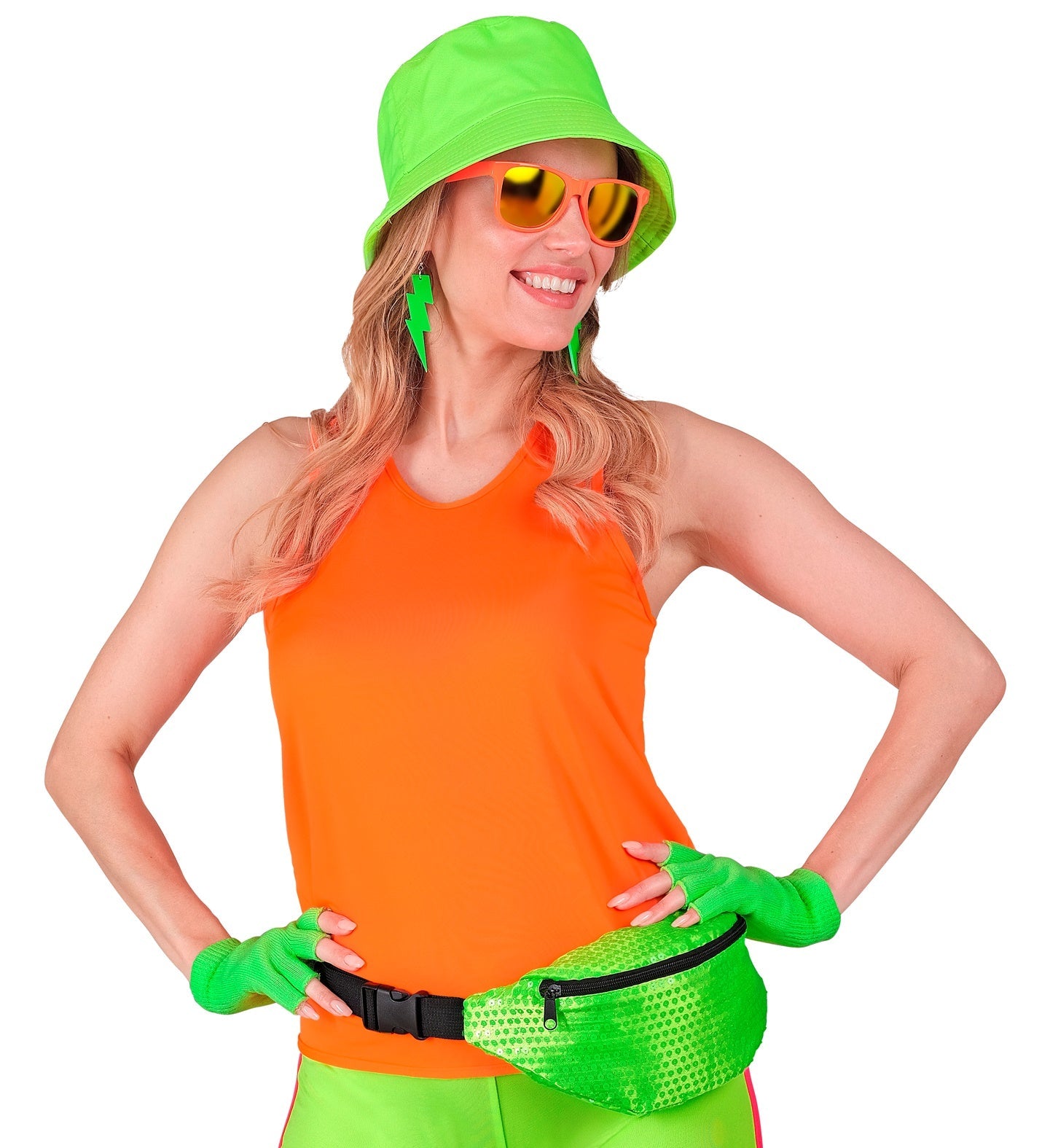 Neon grüne Gürteltasche mit Pailletten, verstellbarer Gurt, drei Reißverschlussfächer