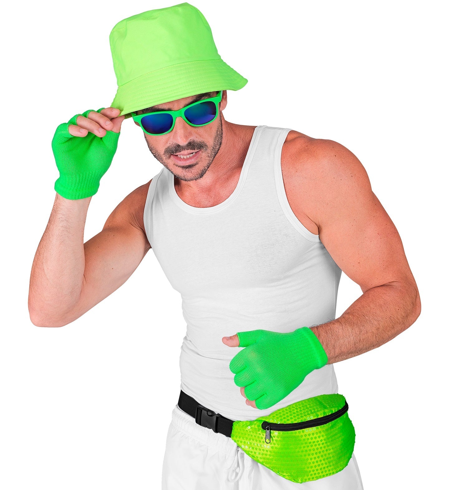 Neon grüne Pailletten Gürteltasche mit drei Reißverschlussfächern und verstellbarem Gurt.