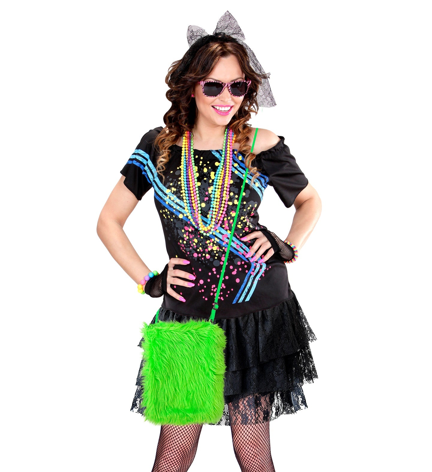 Neon grüne Plüsch-Umhängetasche mit verstellbarem Riemen und Reißverschlussfach.