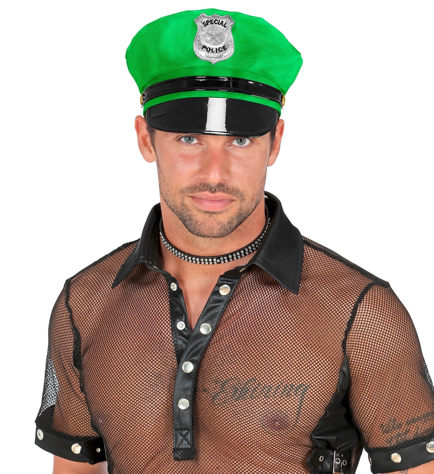 Neon grüne Polizeikappe mit breiter Krempe, verstellbar aus Baumwolle, für Sichtbarkeit und Komfort.