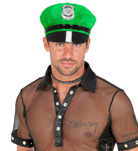 Neon grüne Polizeikappe mit breiter Krempe, verstellbar aus Baumwolle, für Sichtbarkeit und Komfort.