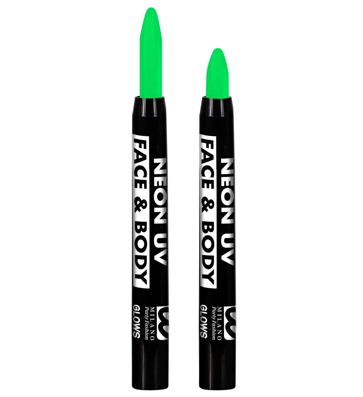 Two neon green twist-up face paint sticks with smudge-proof aqua formula.