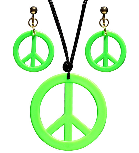 Neon green peace sign necklace and matching earrings set in hippie style.