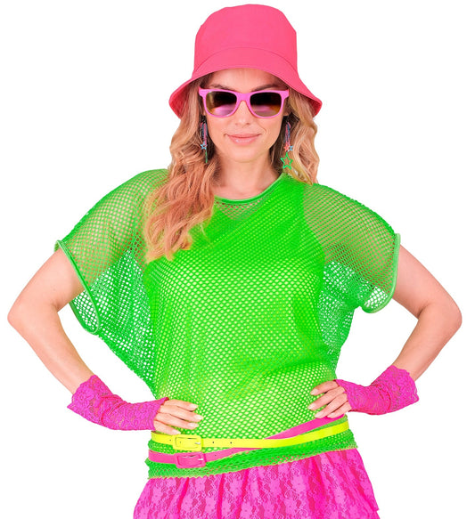 Neon grünes Netzshirt mit kurzen Ärmeln, ideal für 80er Jahre Partys und Festivals.