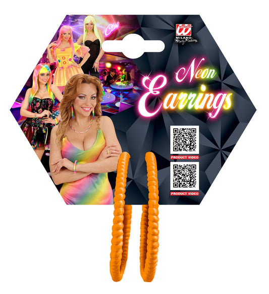 Paar neon-oranger Acryl-Creolen-Ohrringe mit 3 cm Durchmesser auf schwarzer Verpackung.