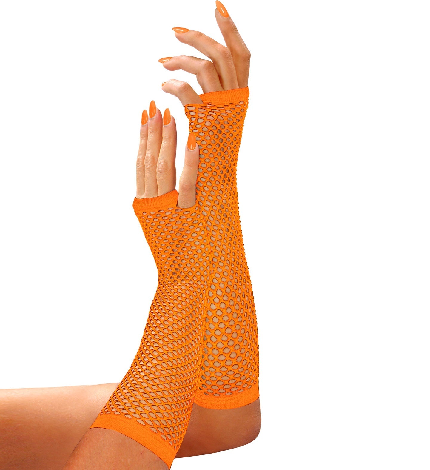 Neonorange fingerlose Netzstrickhandschuhe aus Polyester, 33 cm lang, atmungsaktiv und leicht