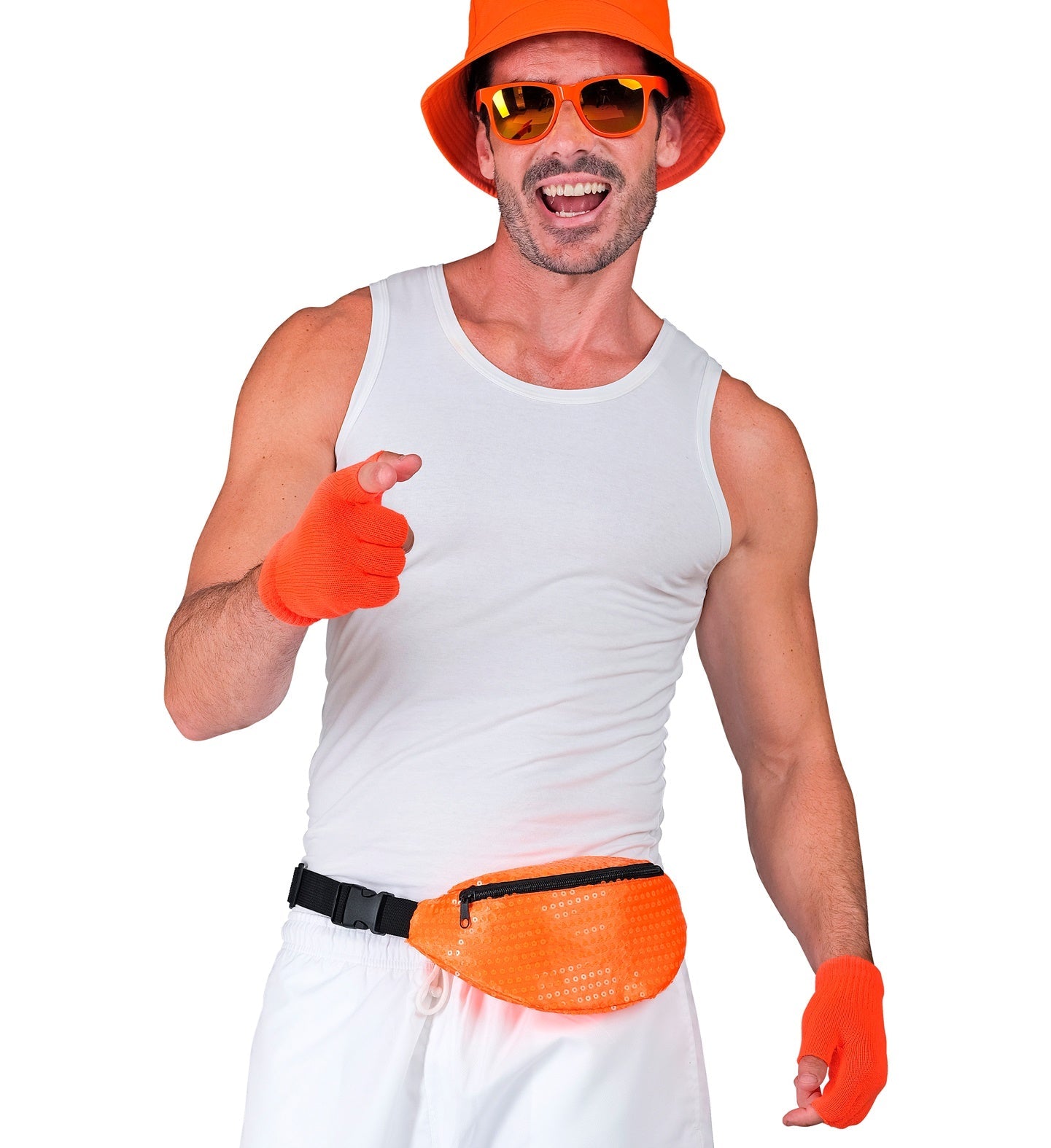 Neonorange fingerlose Wollhandschuhe mit atmungsaktivem Strick für warme Hände und freie Finger.