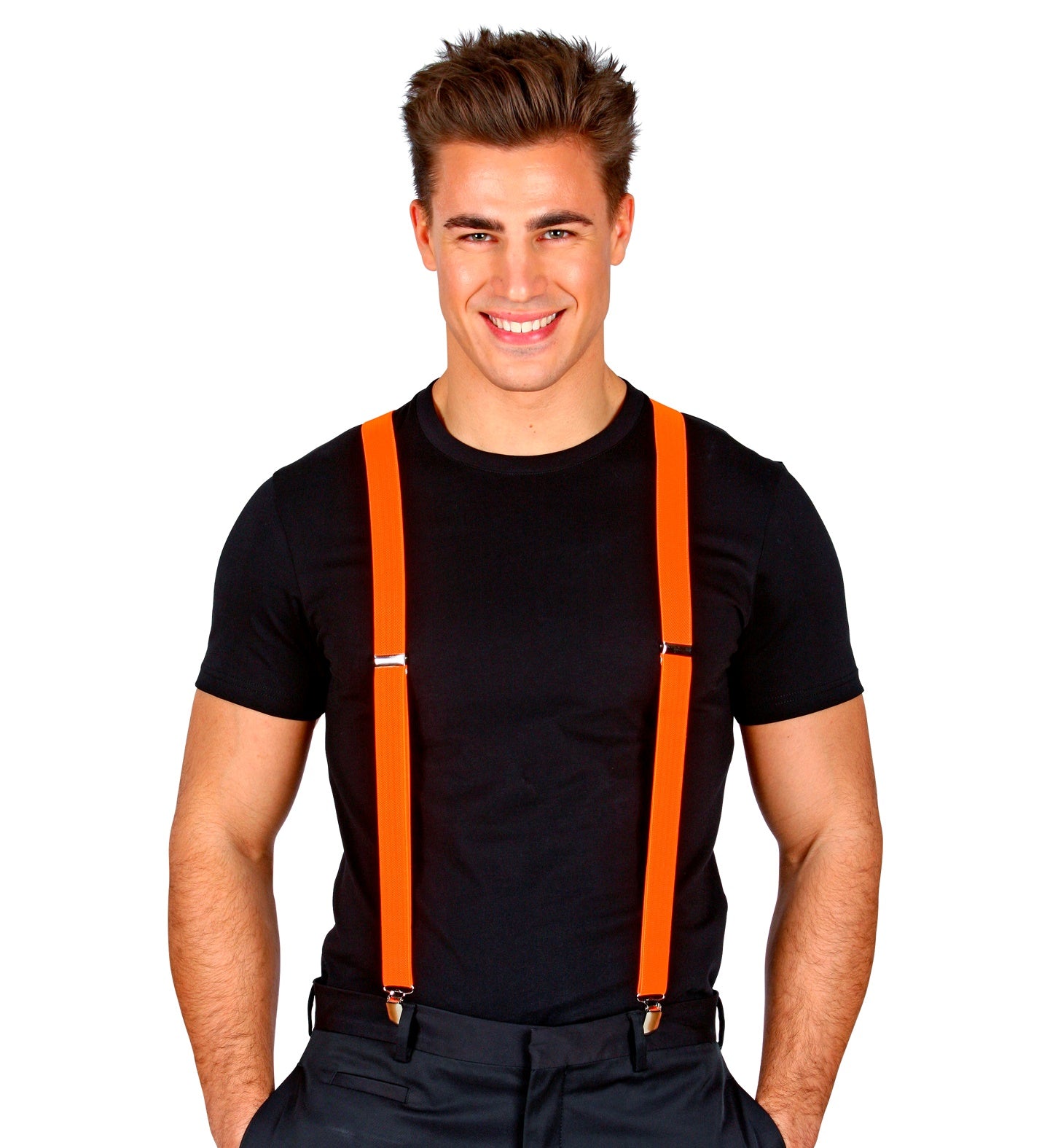Neonorange Hosenträger mit verstellbarer Länge, geeignet für Damen und Herren.