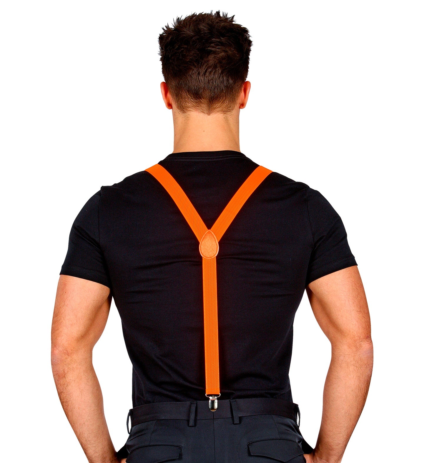 Neonorange Hosenträger mit vier Metallclips und verstellbarer Länge für Damen und Herren.