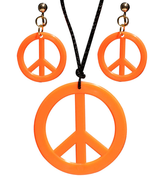 Neon orange peace sign necklace and earrings set in hippie style.