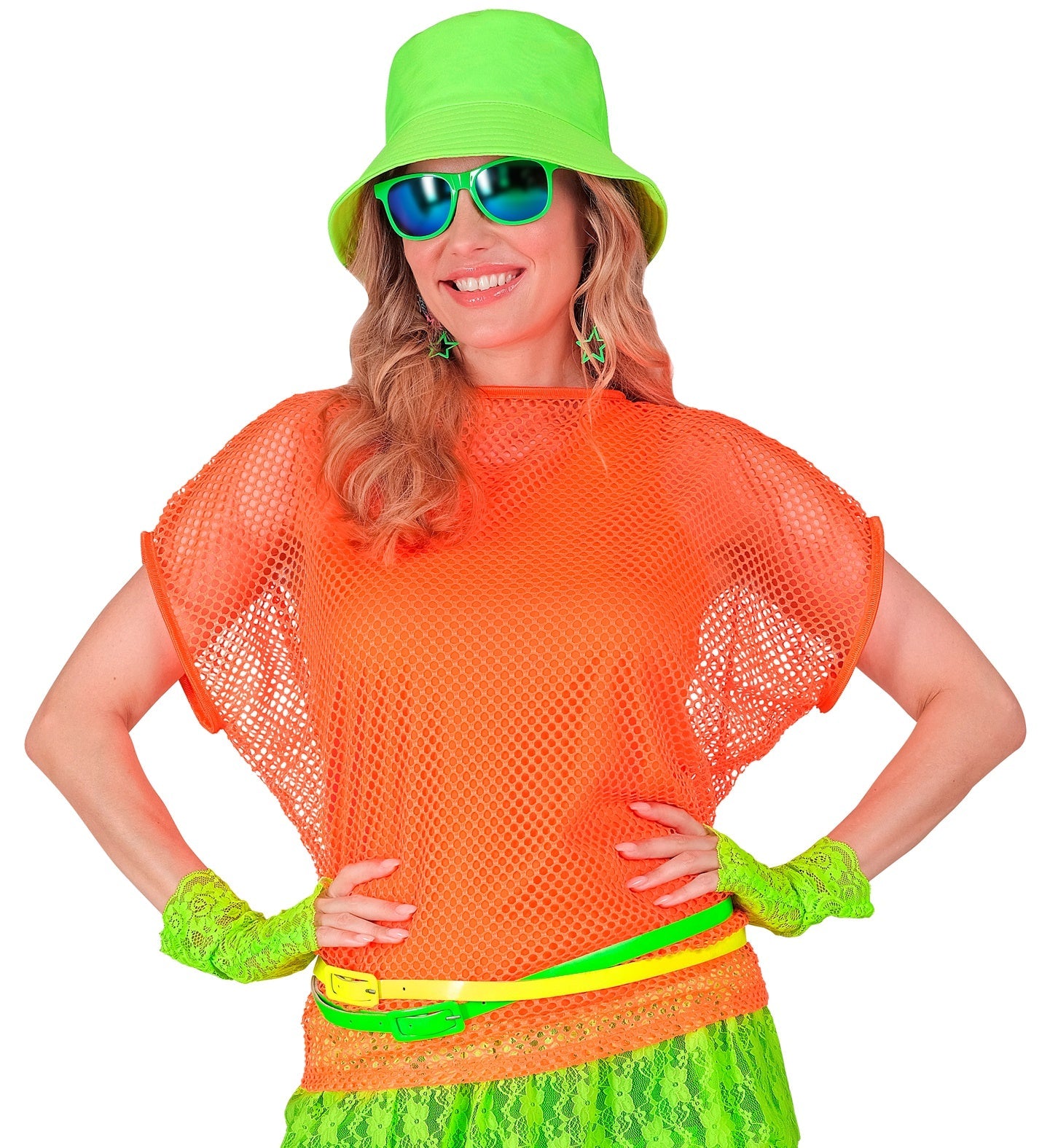 Neon oranges Netzshirt mit kurzen Ärmeln und körperbetonter Passform für 80er-Partys