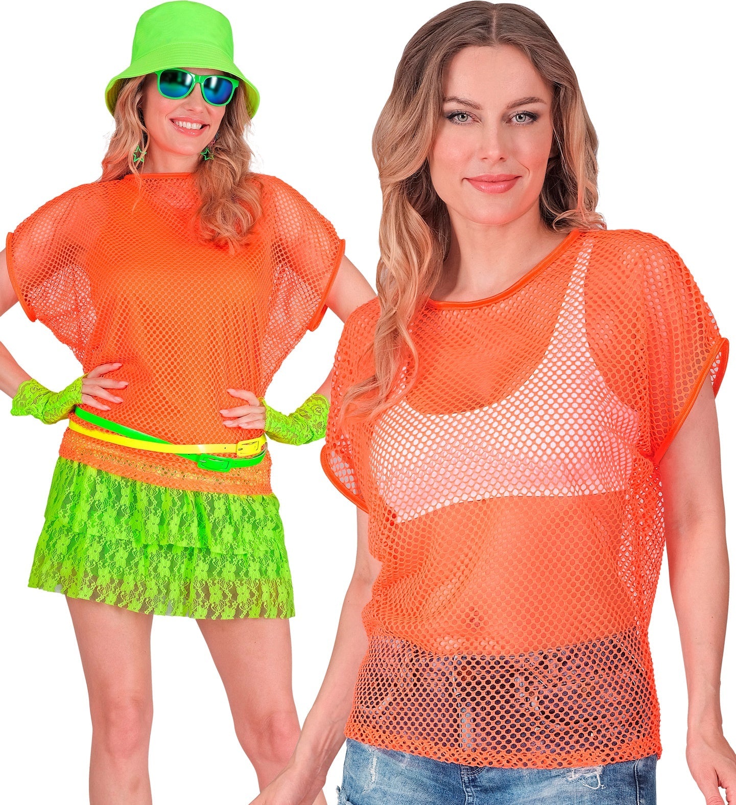 Neon oranges Mesh-Shirt mit kurzen Ärmeln, ideal für 80er-Partys und Festivals.