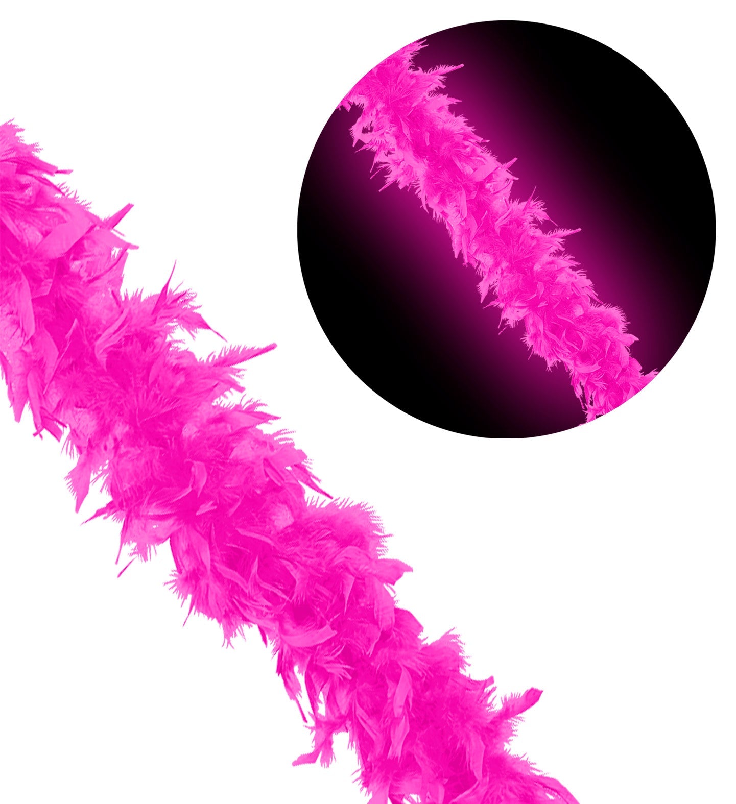 A neon pink feather boa made of lightweight dyed turkey feathers, 1.8 meters long.