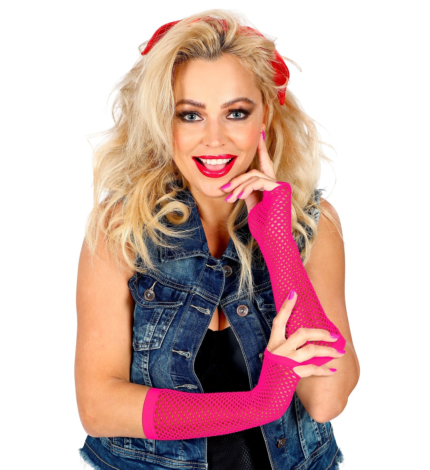 Neon-pinke, fingerlose Netzhandschuhe in 33 cm Länge für Festivals und warme Tage.