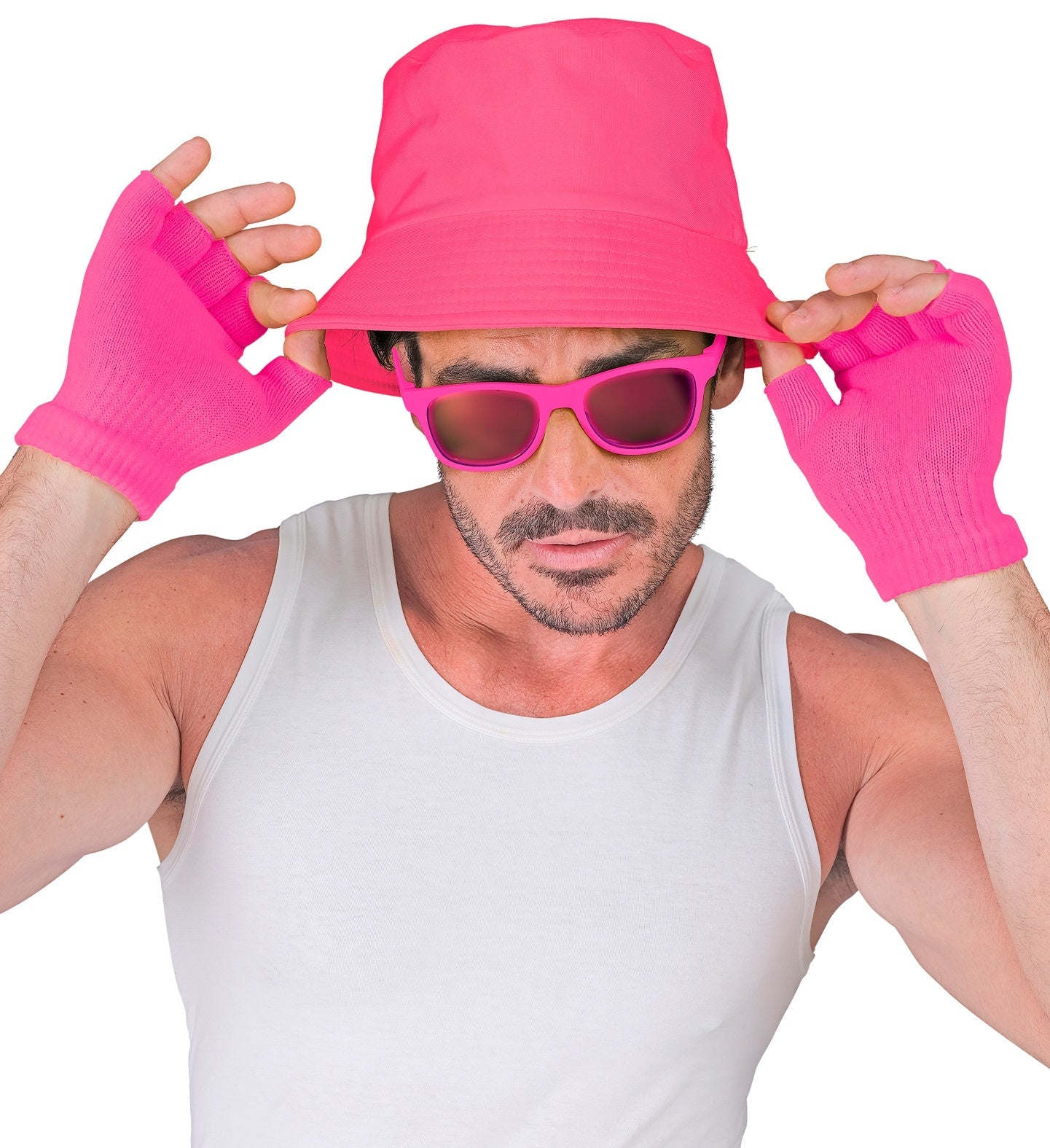 Fingerlose Wollhandschuhe in Neon Pink mit Strickbund, warm und stylisch für den Winter.