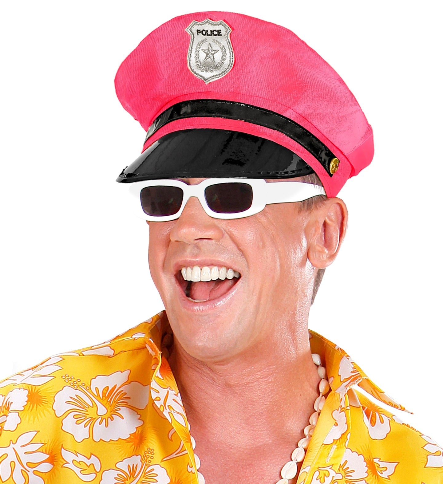 Neonpinkes Polizeimütze mit Schirm aus leichtem Material für Kostüm und Partygebrauch.