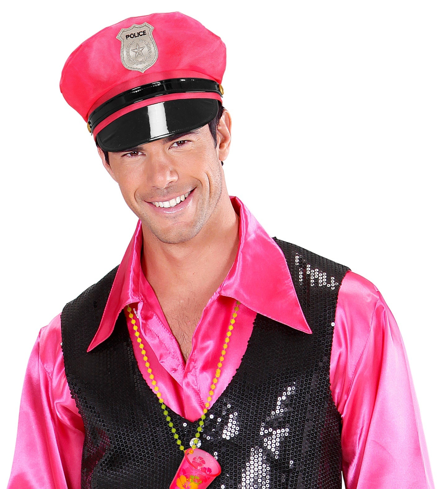 Neonpinkes Polizeihut mit Schirm aus leichtem Material für Karneval und Kostümpartys.