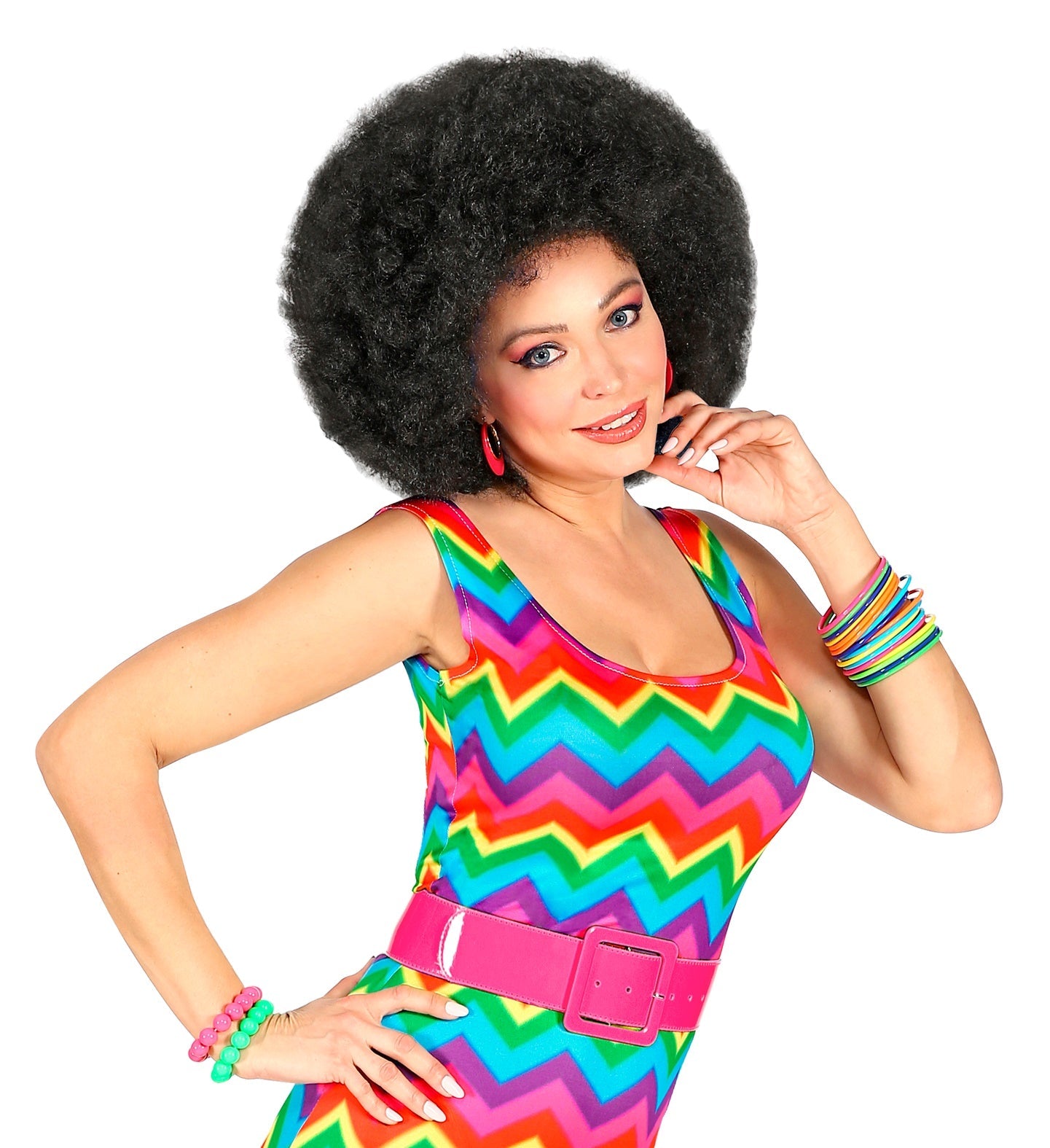 Breiter, hochglänzender Gürtel aus neonpinkem Vinyl mit stabiler Metallschnalle.