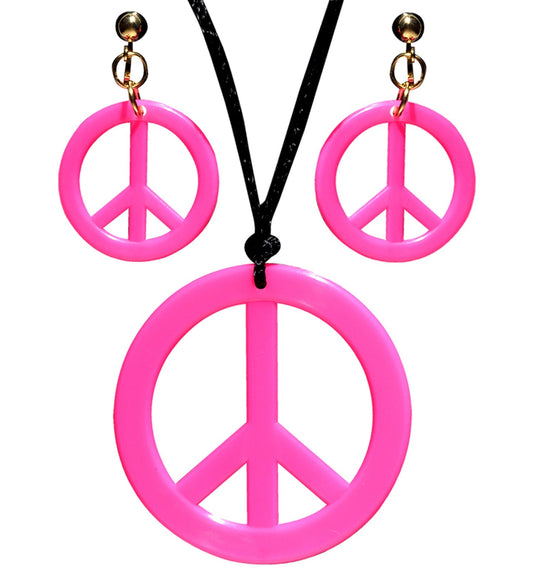 Neon pink peace sign necklace and matching earrings set in hippie style.