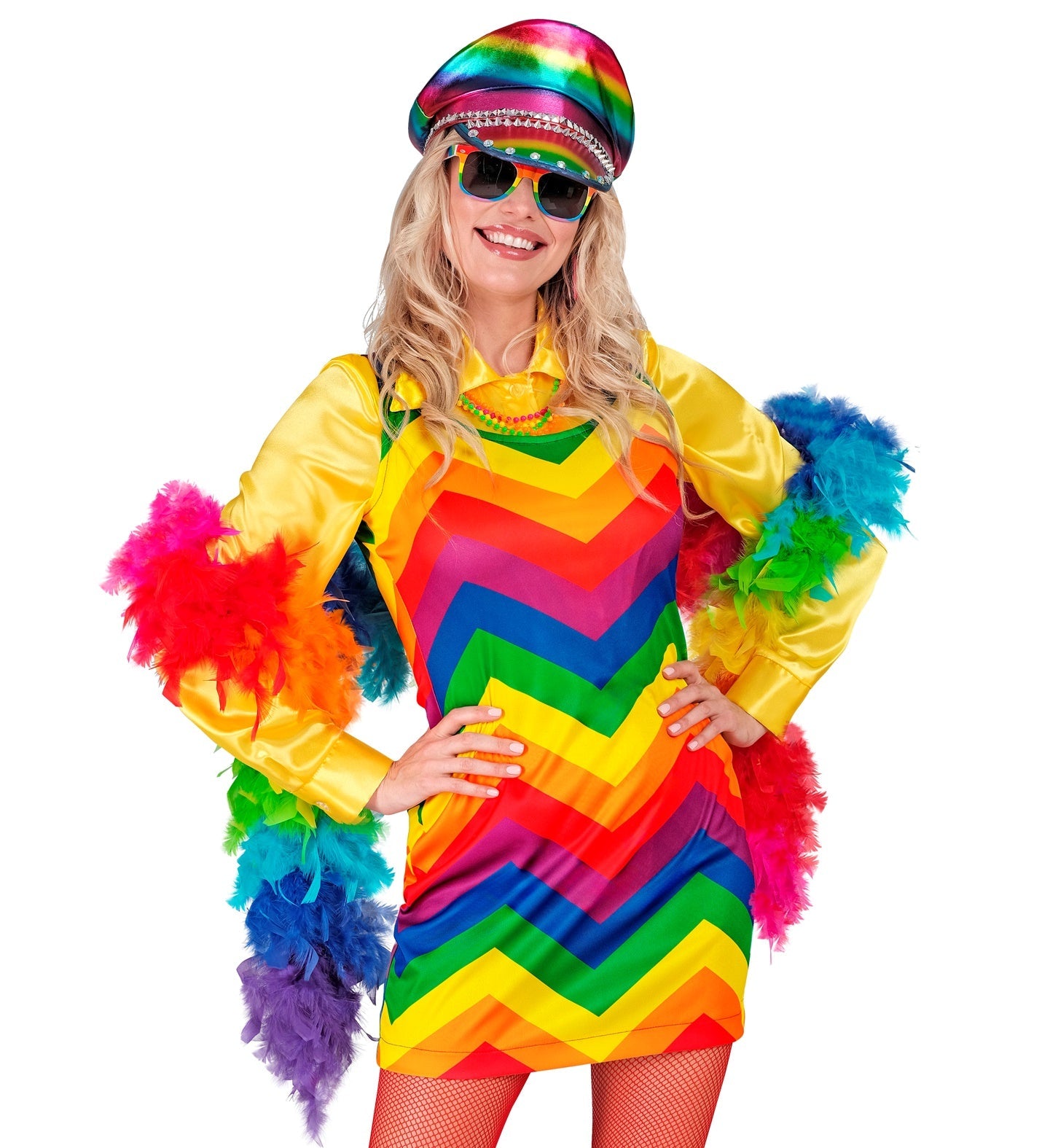 Vibrant neon rainbow feather boa, 1.80m long, with colorful feathers.