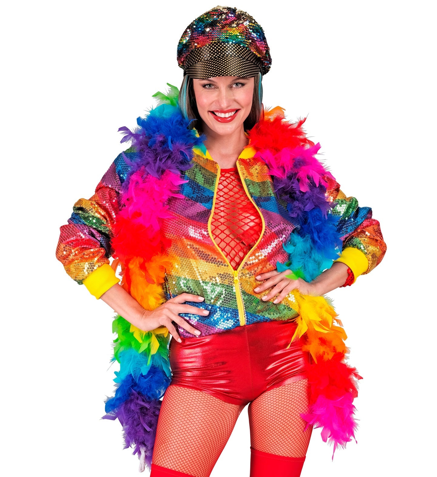 Vibrant neon rainbow feather boa, 1.80m long, in multicolored feathers.