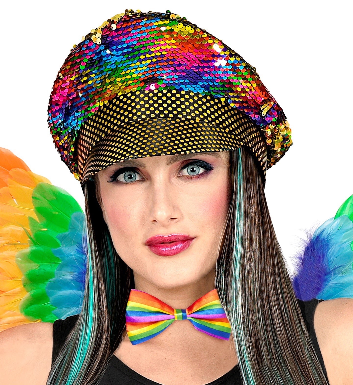 Slim-cut neon rainbow bow tie with easy-adjust ribbon on a model.