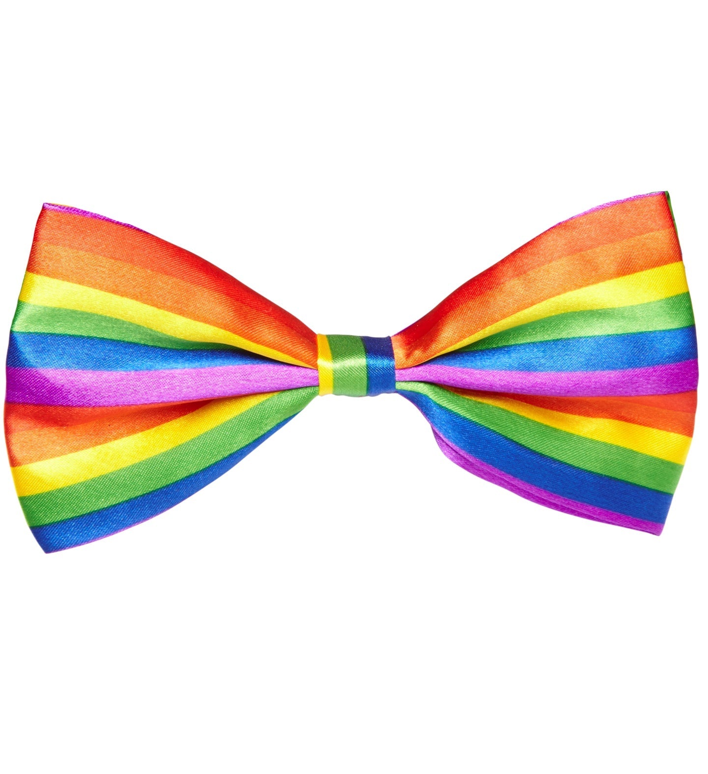 Slim-cut neon rainbow bow tie with easy-adjust ribbon on white background.