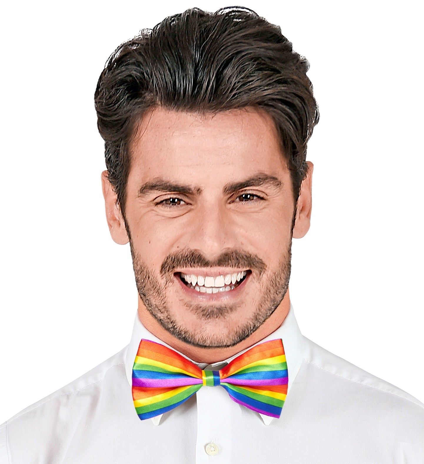 Man wearing a slim-cut neon rainbow bow tie on a white shirt.