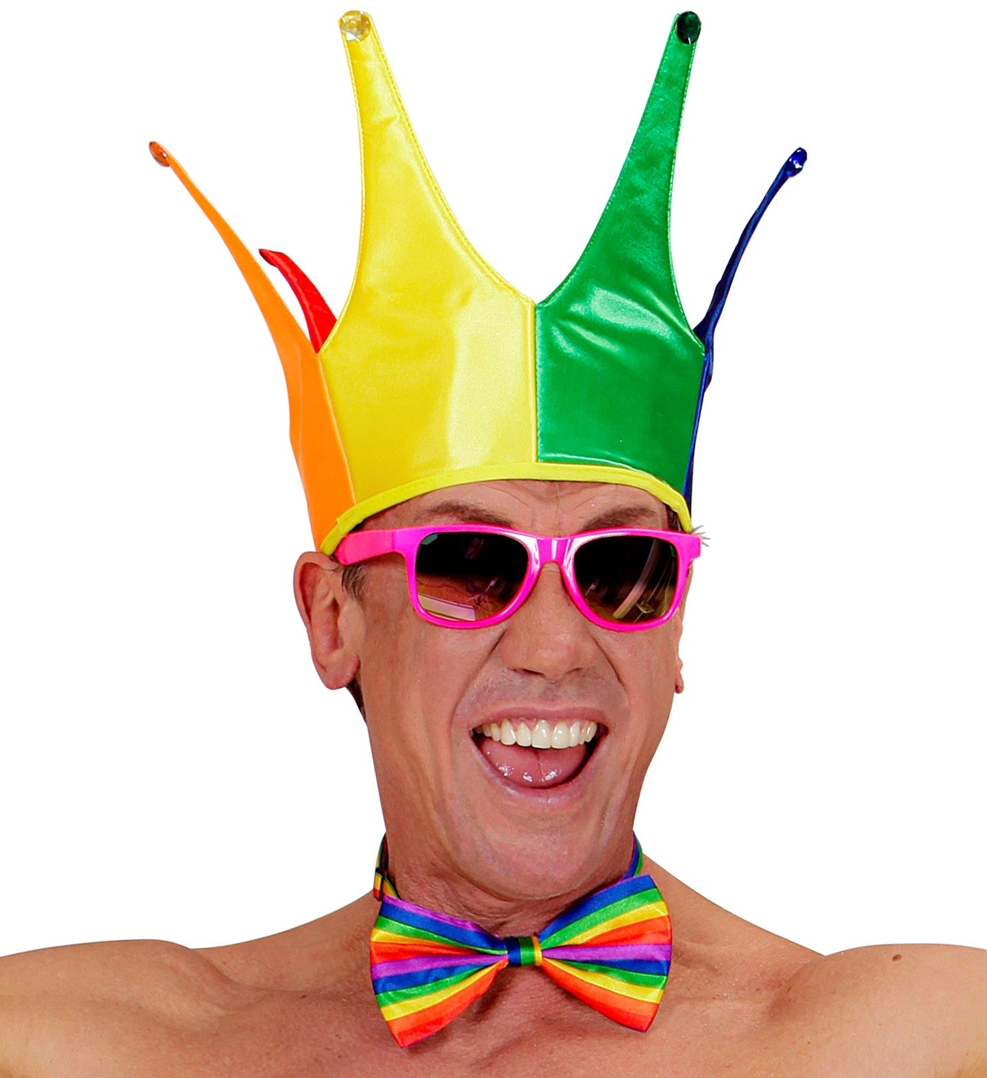 Slim-cut neon rainbow bow tie with easy-adjust ribbon on a smiling model.