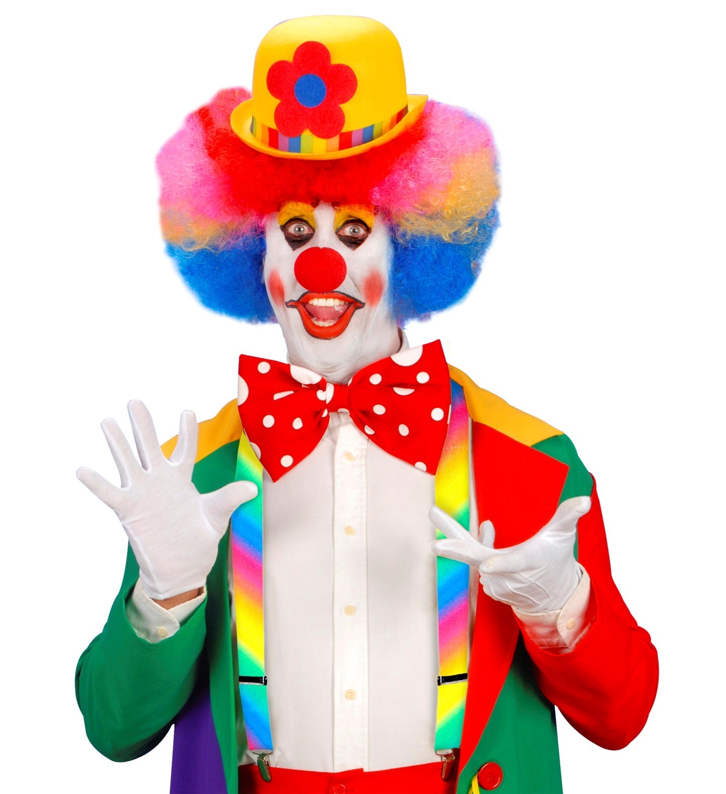 Neon rainbow suspenders with color gradient in Y-shape for men and women.