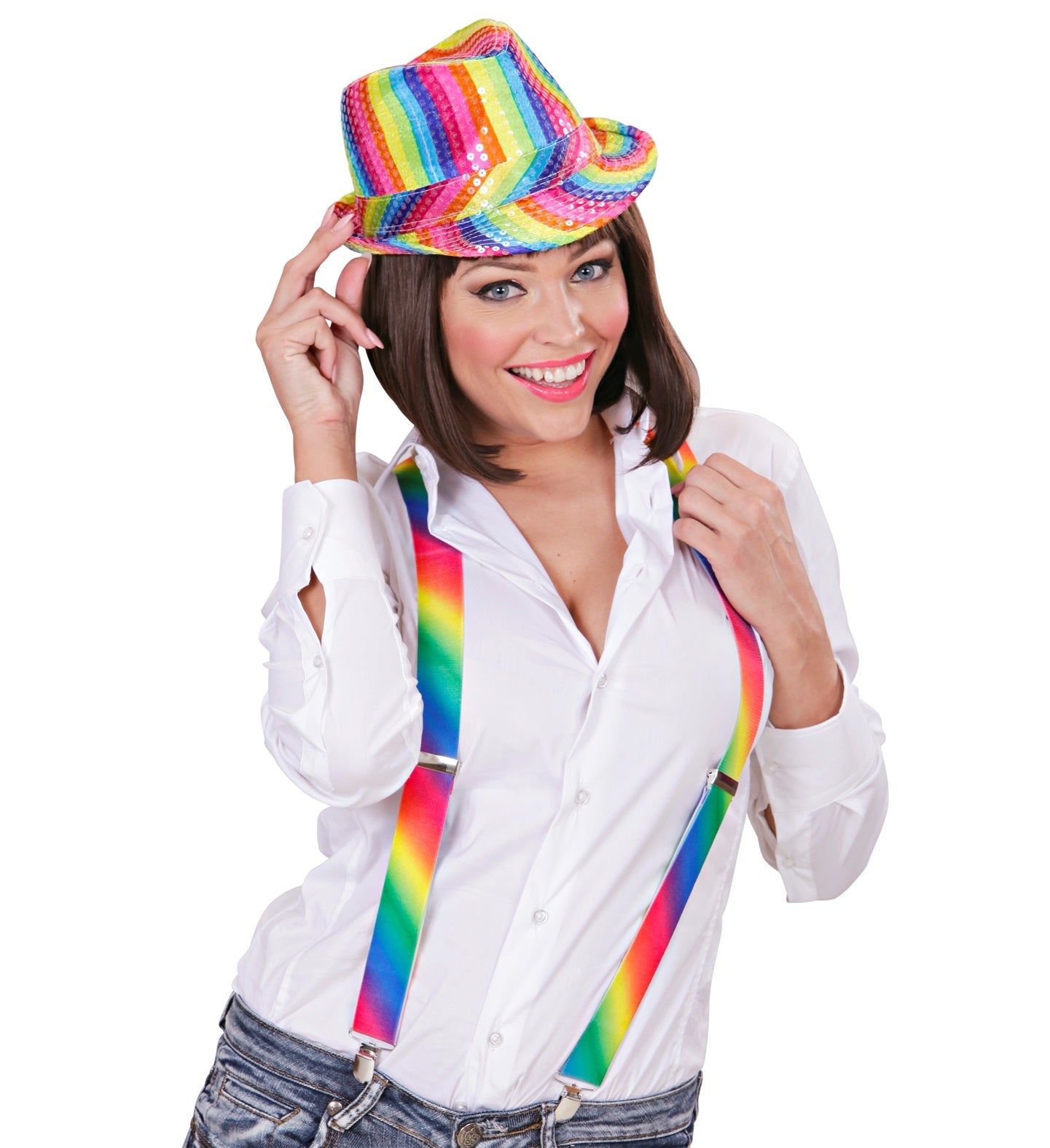Woman wearing rainbow neon Y-shaped suspenders over white shirt and jeans.