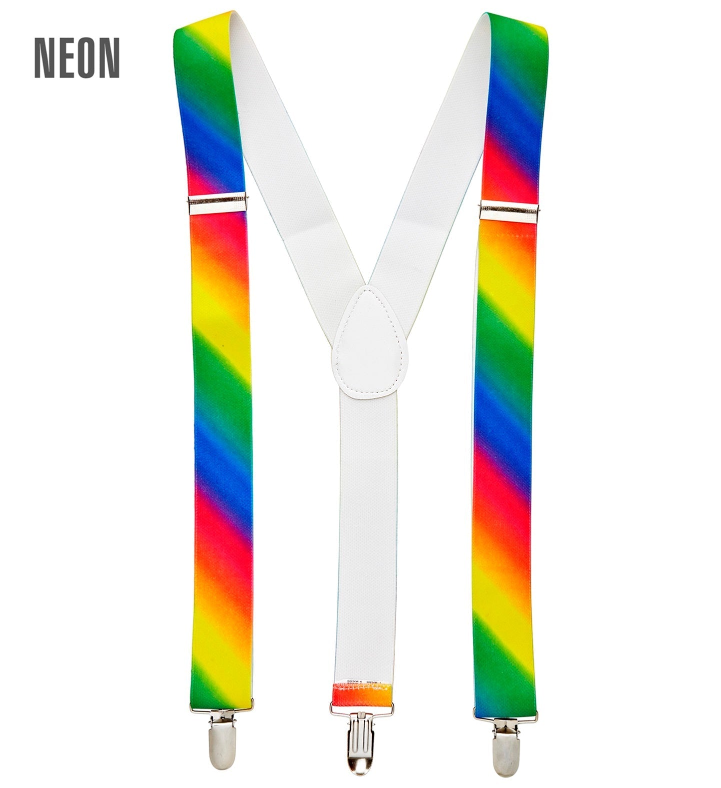 Neon Regenbogen Hosenträger mit Farbverlauf in Y-Form und verstellbaren Clips.