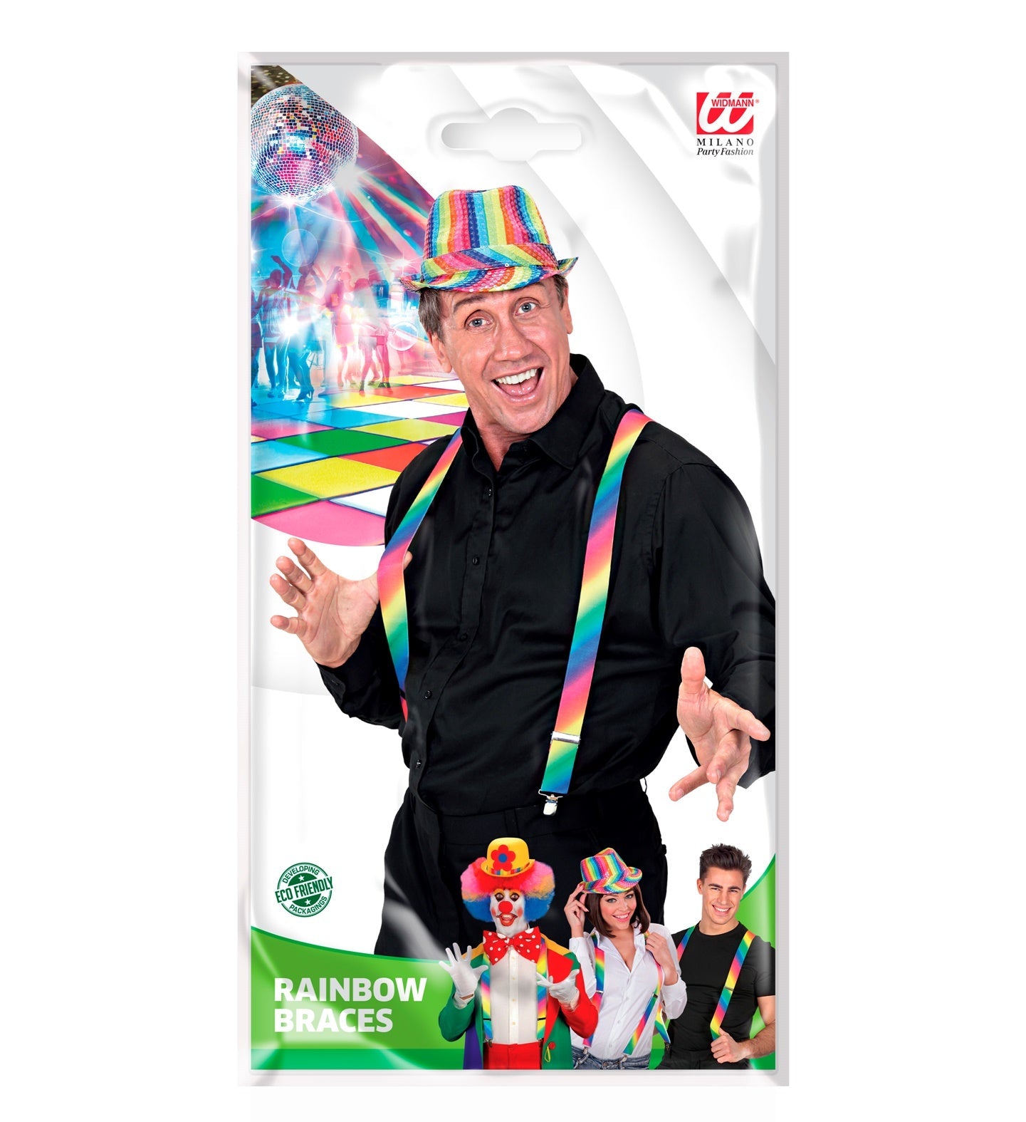 Neon rainbow suspenders with gradient Y-shape for men and women.