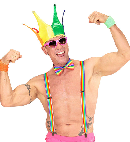 Bunter Regenbogen-Hosenträger mit Neonfarben, verstellbar und robust.