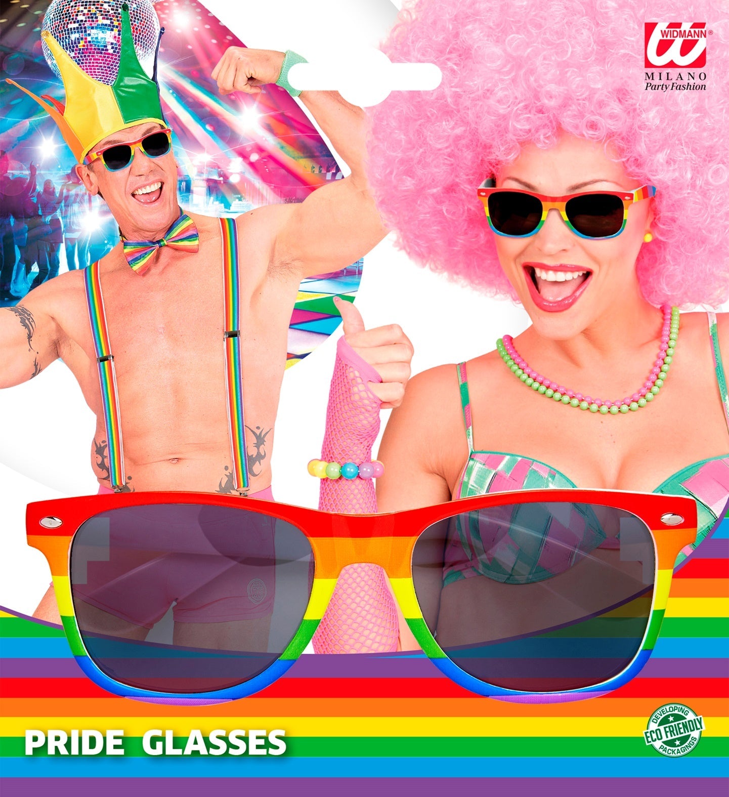 Neon rainbow party sunglasses with dark UV400 lenses and colorful frame.
