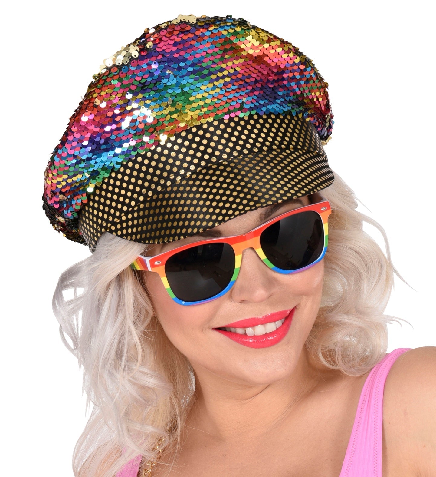 Neon rainbow party sunglasses with dark UV400 lenses and colorful frame.