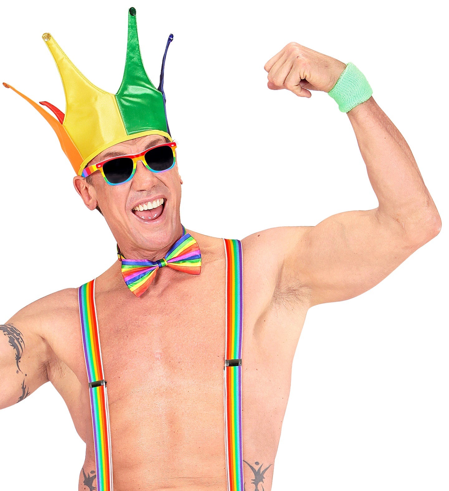 Neon rainbow party sunglasses with dark UV400 lenses and colorful frame.