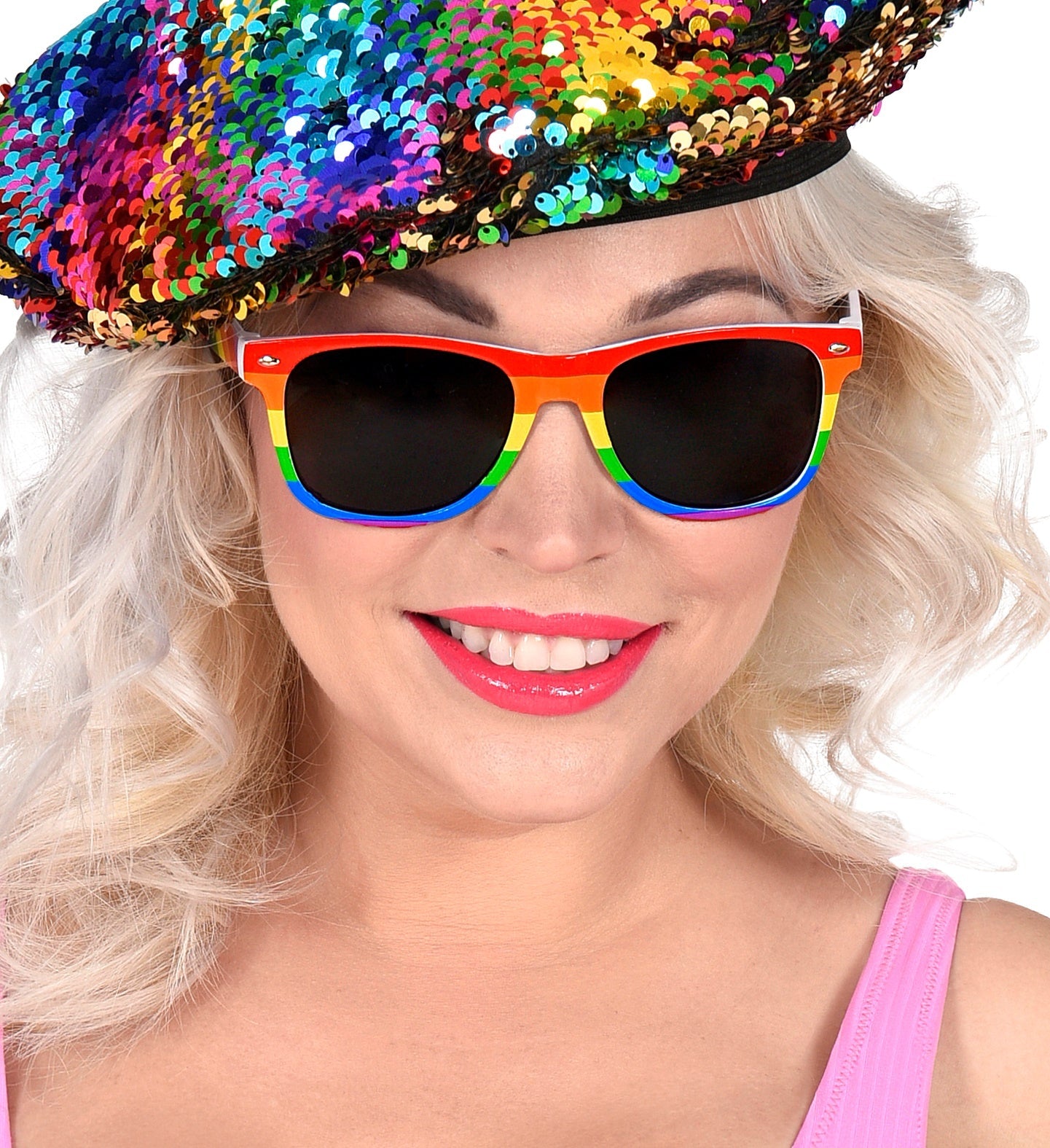 Neon rainbow party sunglasses with dark UV400 lenses and colorful frame.
