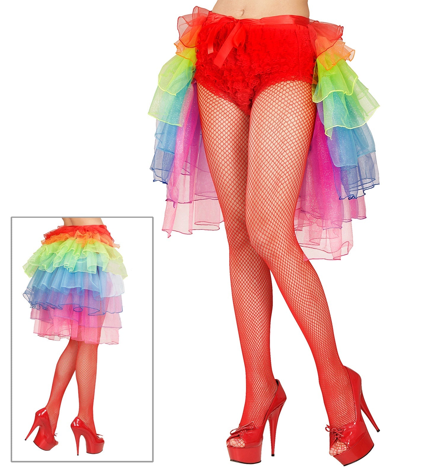 Neon rainbow tie-around tutu skirt with UV-reactive layers and red accents.
