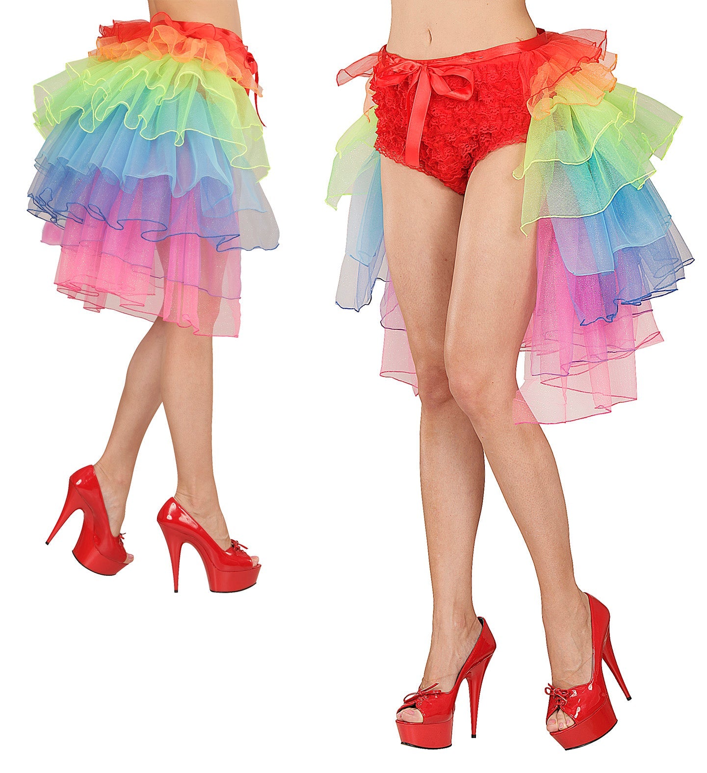 Two views of a neon rainbow tie-around tutu skirt with UV-reactive layers and red heels.