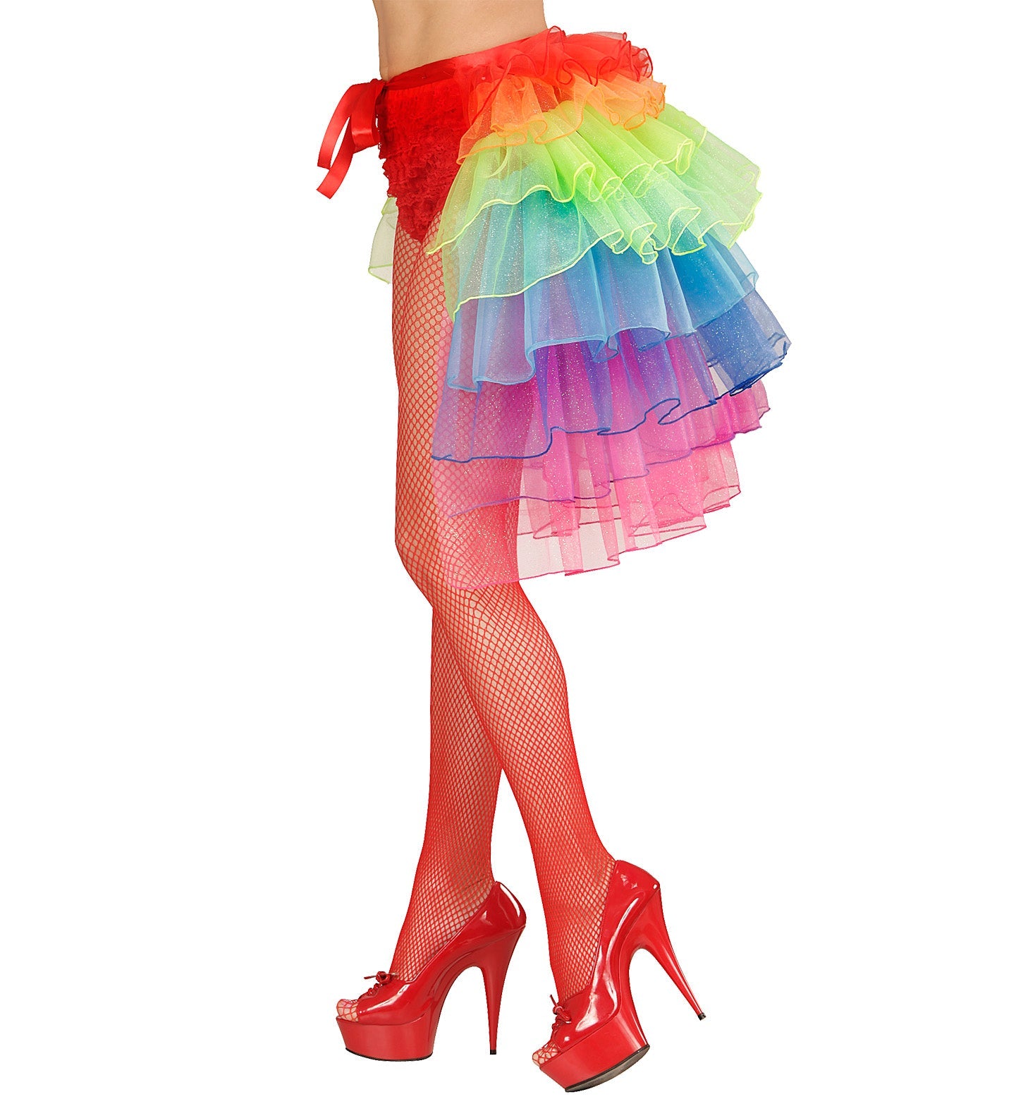 Woman wearing a neon rainbow tie-around tutu skirt with UV-reactive layers and red high heels.
