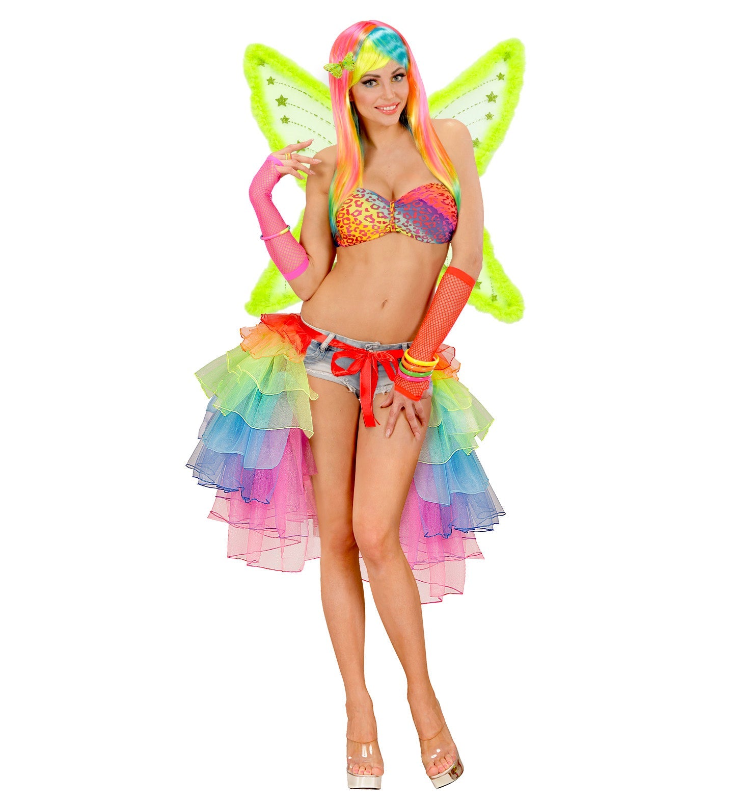 Neon rainbow tie-around tutu skirt with UV-reactive pride rock design.