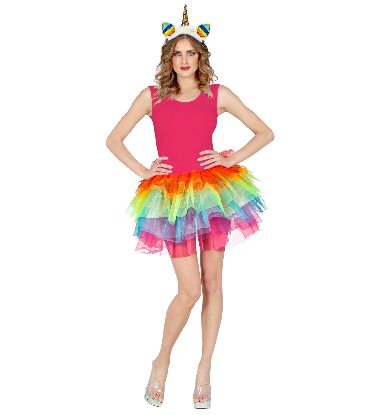 Woman modeling a half-length neon rainbow tutu petticoat with unicorn headband.
